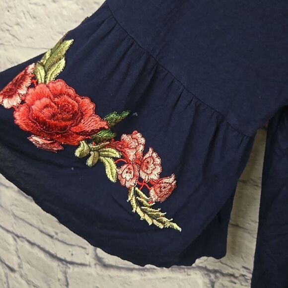 Women's 3XL Navy Blue Floral Embroidered Bell Sleeve Tunic Top Ruffled Peasant - Picture 6 of 10